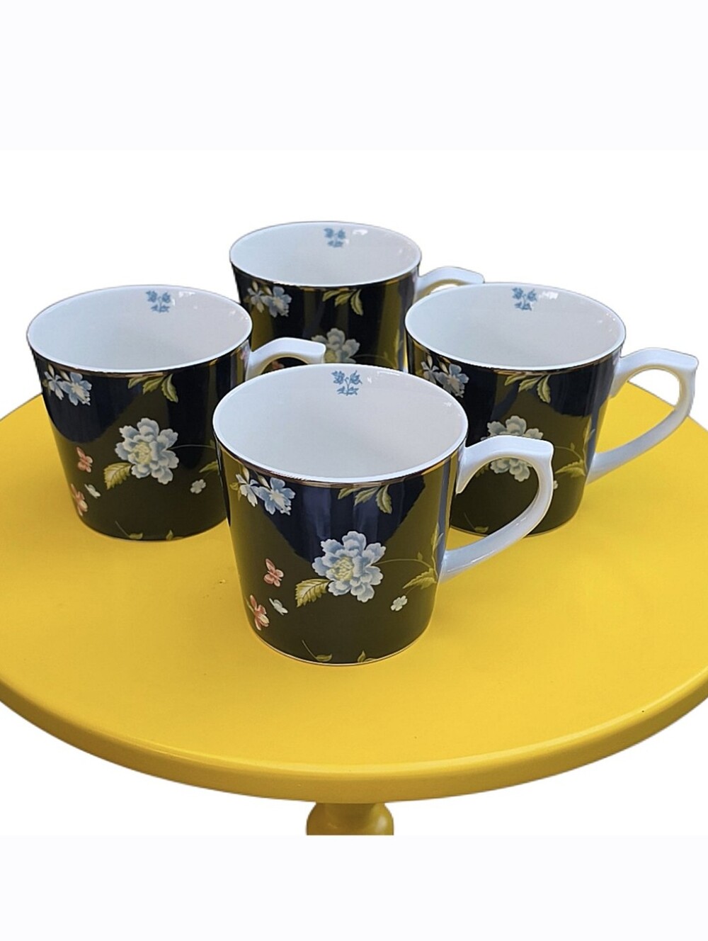 NIB. LAURA ASHLEY Heritage Collectables, 4 Porcelain Floral Midnight Blue Mugs